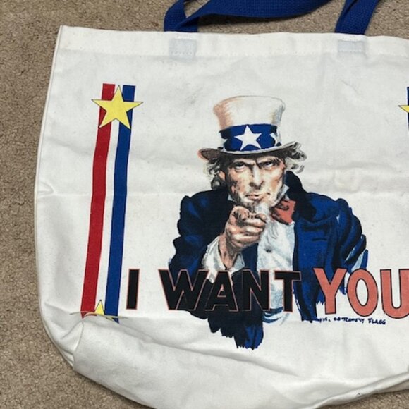 Two Sided Uncle Sam" I Want You" Canvas USA Themed Shopping Tote Bag 13"x4"x14" - Picture 10 of 16